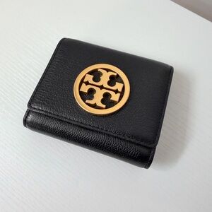 Tory Burch Black Leather Wallet with Gold Emblem